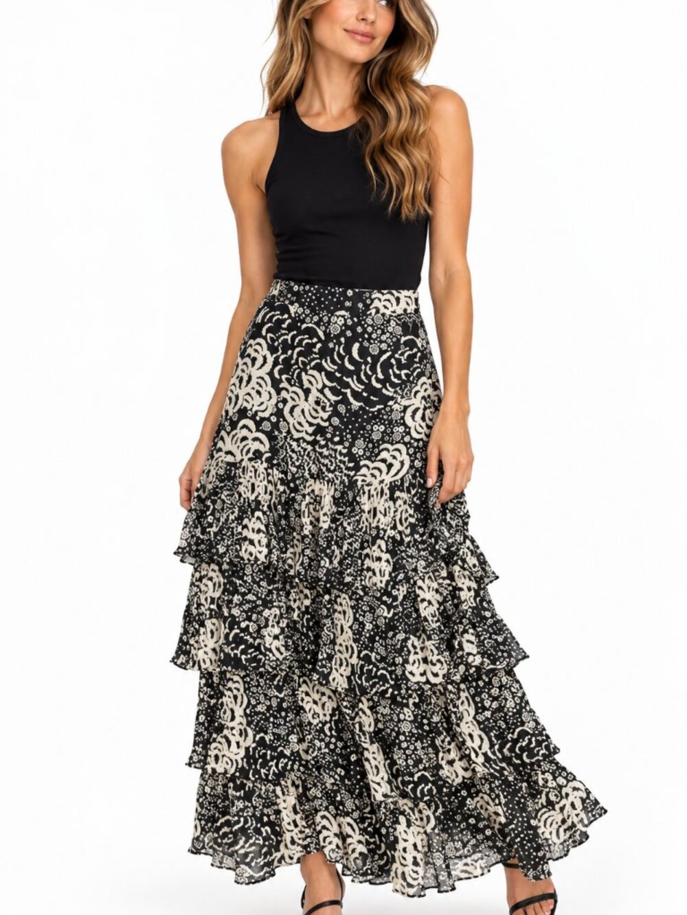 Zara Womens Floral Tiered Maxi Skirt Medium Black Ivory Ruffle Boho Romantic